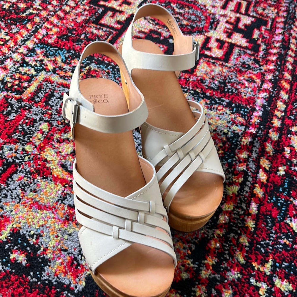 Frye wood platform leather sandals clogs